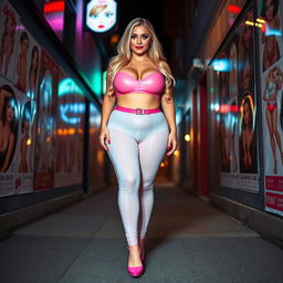 Full length photograph of a sexy, stunning, beautiful, curvy fat woman with soft facial features, long blond hair, and crystal green eyes