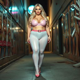 Full length photograph of a sexy, stunning, beautiful, curvy fat woman with soft facial features, long blond hair, and crystal green eyes