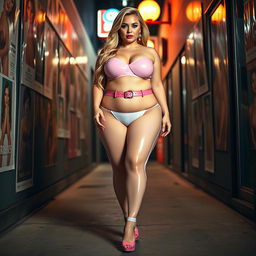 Full length photograph of a sexy, stunning, beautiful, curvy fat woman with soft facial features, long blond hair, and crystal green eyes