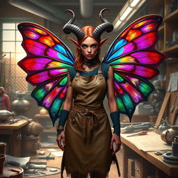 A female tiefling artificer with vibrant, colorful wings, standing confidently in a workshop filled with intricate gadgets and mechanical inventions