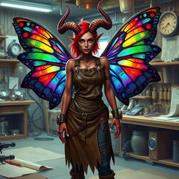 A female tiefling artificer with vibrant, colorful wings, standing confidently in a workshop filled with intricate gadgets and mechanical inventions