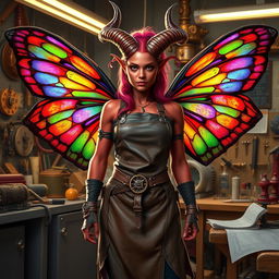 A female tiefling artificer with vibrant, colorful wings, standing confidently in a workshop filled with intricate gadgets and mechanical inventions