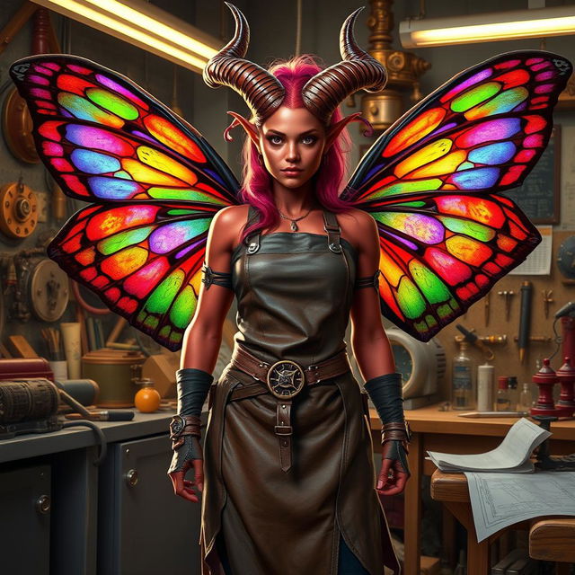 A female tiefling artificer with vibrant, colorful wings, standing confidently in a workshop filled with intricate gadgets and mechanical inventions
