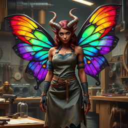 A female tiefling artificer with vibrant, colorful wings, standing confidently in a workshop filled with intricate gadgets and mechanical inventions