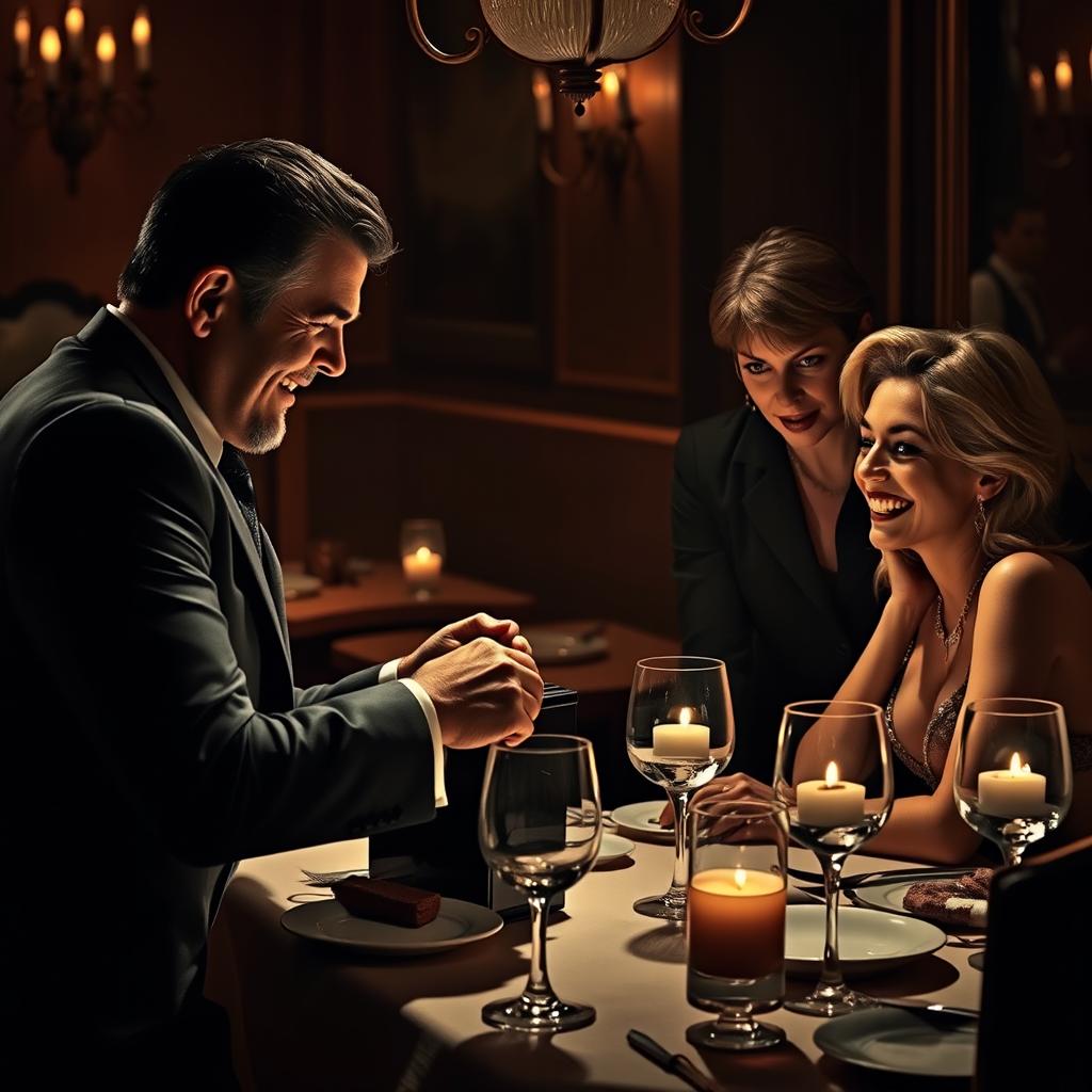 A dramatic scene set in a dimly lit, upscale restaurant