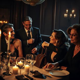 A dramatic scene set in a dimly lit, upscale restaurant