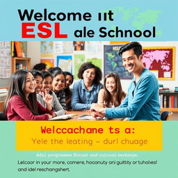 A vibrant and engaging poster design for an ESL (English as a Second Language) school