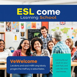 A vibrant and engaging poster design for an ESL (English as a Second Language) school