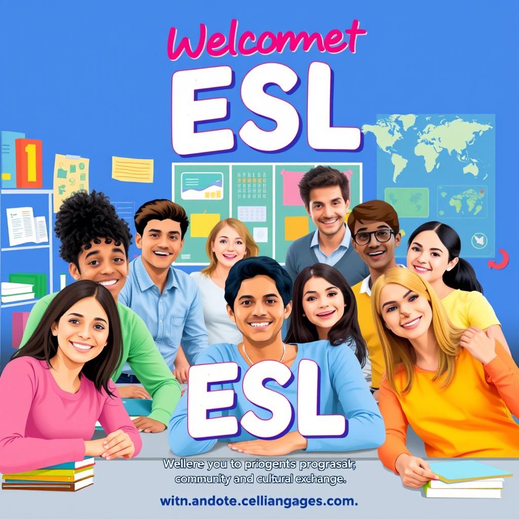 A vibrant and engaging poster design for an ESL (English as a Second Language) school