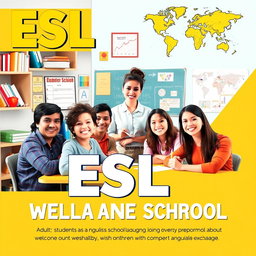 A vibrant and engaging poster design for an ESL (English as a Second Language) school