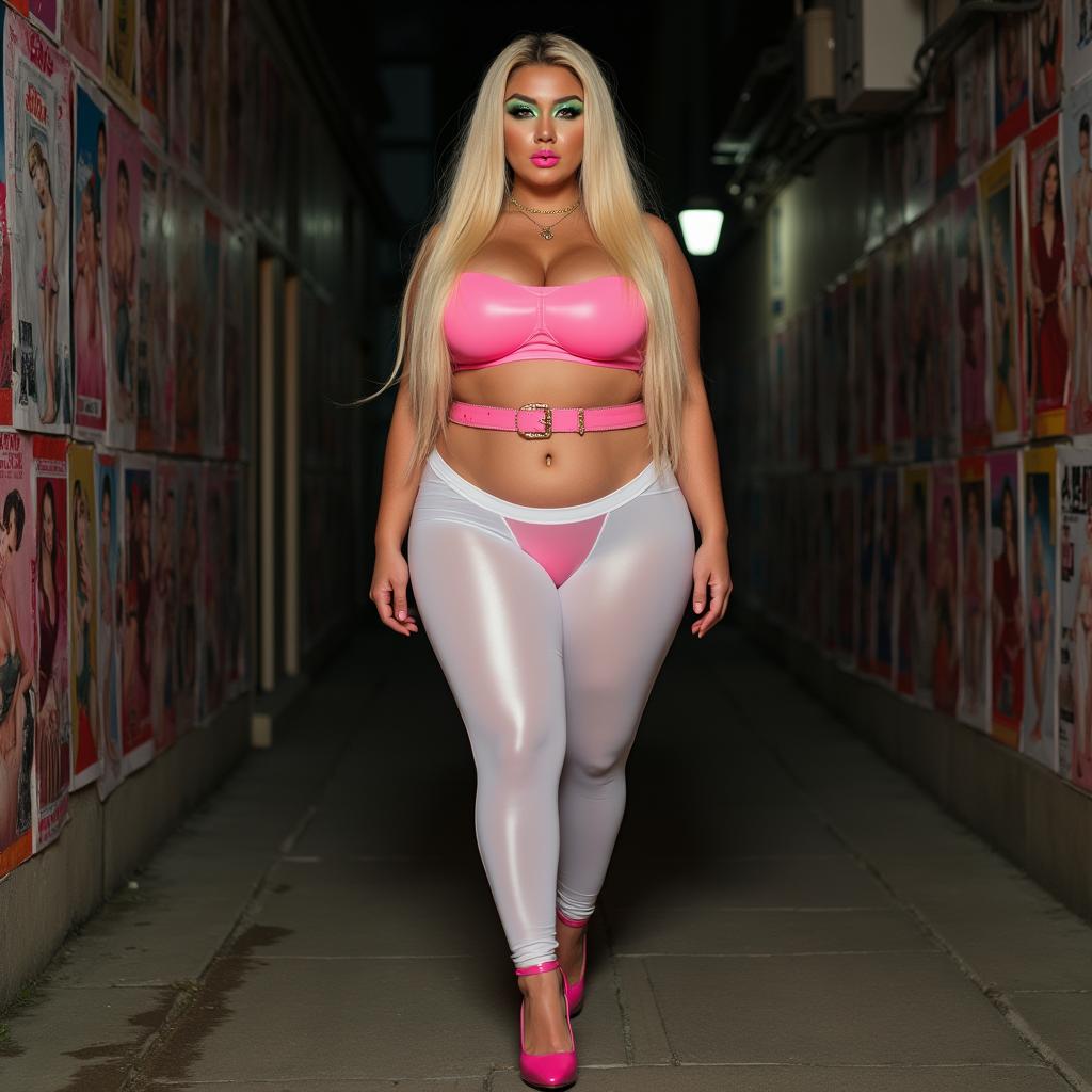 Full length photograph of a sexy, stunning, beautiful, curvy fat woman with soft facial features, long blond hair, and crystal green eyes