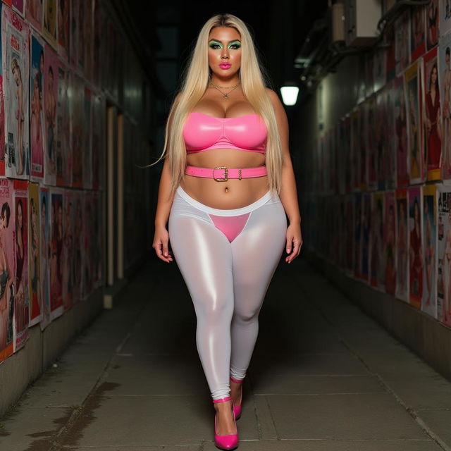 Full length photograph of a sexy, stunning, beautiful, curvy fat woman with soft facial features, long blond hair, and crystal green eyes