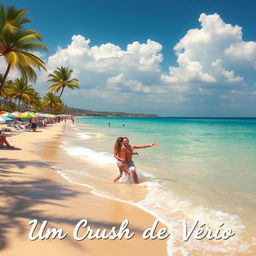 A beautiful beach scene titled 'Um Crush de Verão', showcasing a sunny day with soft golden sand, clear turquoise waters, and gentle waves lapping at the shore