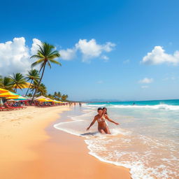 A beautiful beach scene titled 'Um Crush de Verão', showcasing a sunny day with soft golden sand, clear turquoise waters, and gentle waves lapping at the shore
