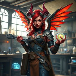 A female tiefling artificer with striking features, including vibrant red skin and intricate horns