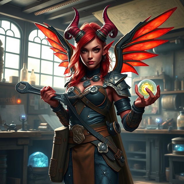 A female tiefling artificer with striking features, including vibrant red skin and intricate horns