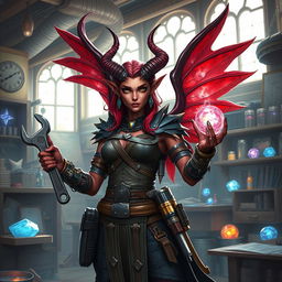 A female tiefling artificer with striking features, including vibrant red skin and intricate horns