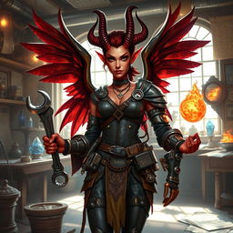 A female tiefling artificer with striking features, including vibrant red skin and intricate horns