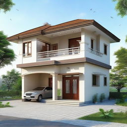 A beautiful two-story house, designed in Assam style, with a sheet on the first floor and a balcony area.