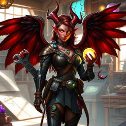 A female tiefling artificer with striking features, including vibrant red skin and intricate horns