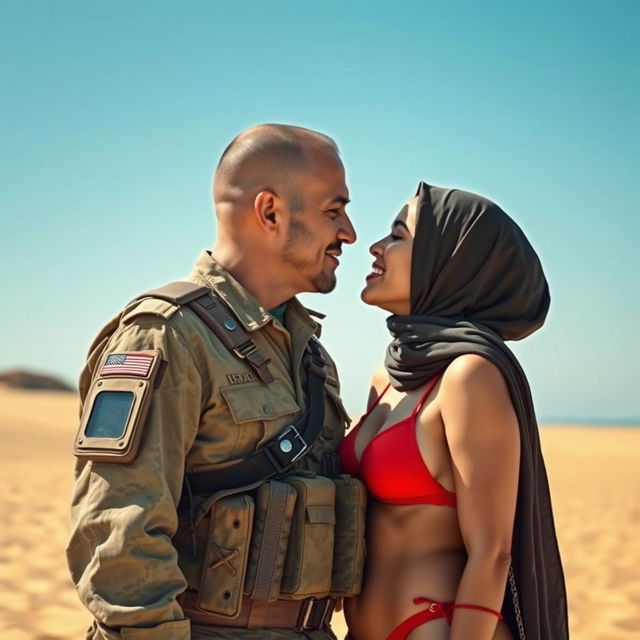 An Israeli soldier in a military uniform, with distinct features and gear, engaged in a sweet, intimate moment with a hijabi girl wearing a vibrant red bikini