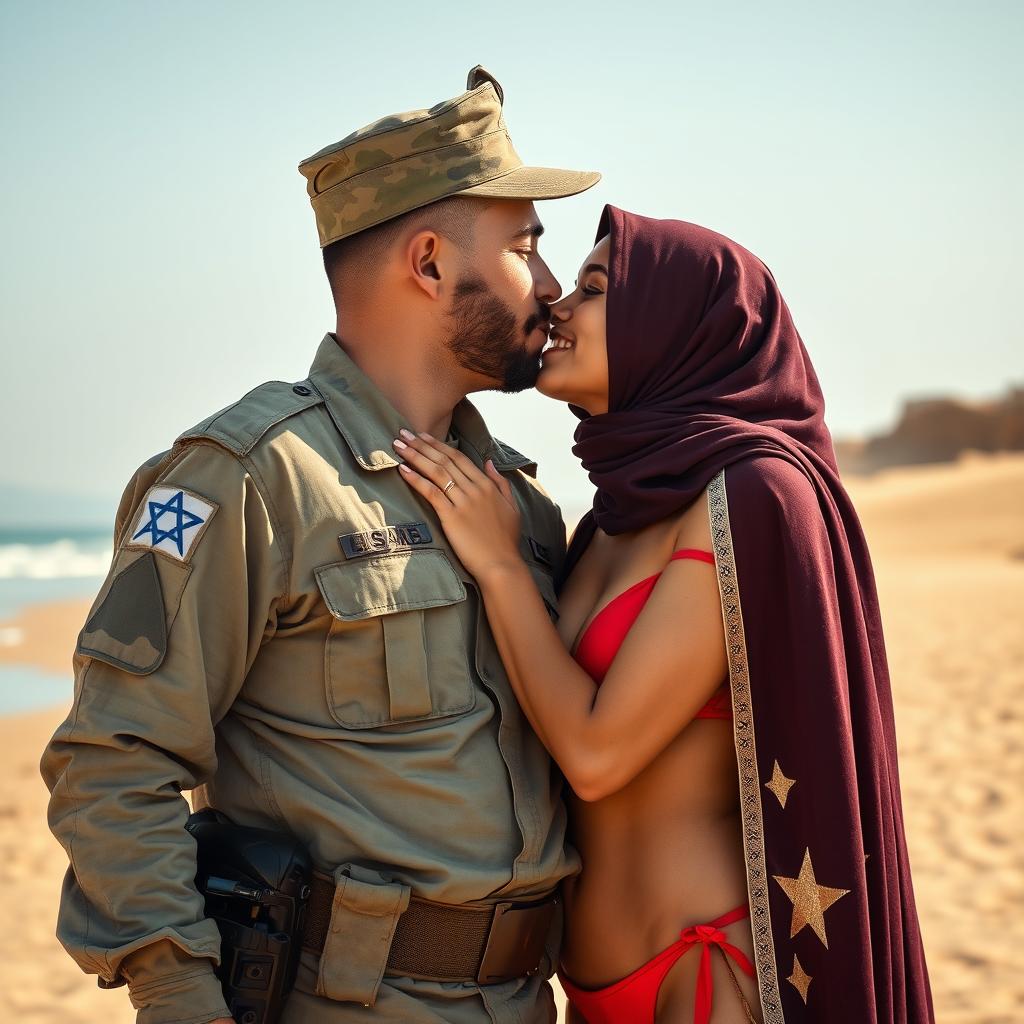 An Israeli soldier in a military uniform, with distinct features and gear, engaged in a sweet, intimate moment with a hijabi girl wearing a vibrant red bikini