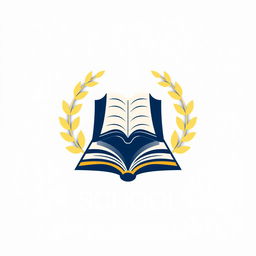 A modern logo design for a school, featuring an open book at the center symbolizing knowledge and education, surrounded by laurel leaves representing achievement and excellence