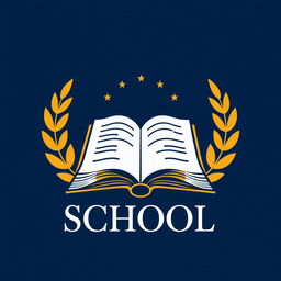 A modern logo design for a school, featuring an open book at the center symbolizing knowledge and education, surrounded by laurel leaves representing achievement and excellence
