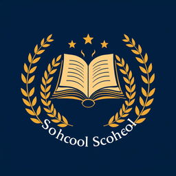 A modern logo design for a school, featuring an open book at the center symbolizing knowledge and education, surrounded by laurel leaves representing achievement and excellence