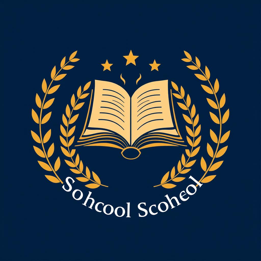 A modern logo design for a school, featuring an open book at the center symbolizing knowledge and education, surrounded by laurel leaves representing achievement and excellence