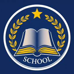 A modern logo design for a school, featuring an open book at the center symbolizing knowledge and education, surrounded by laurel leaves representing achievement and excellence