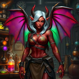A female tiefling artificer with vibrant crimson skin, intricate golden tattoos adorning her arms