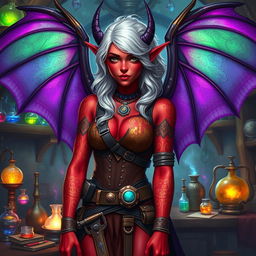 A female tiefling artificer with vibrant crimson skin, intricate golden tattoos adorning her arms