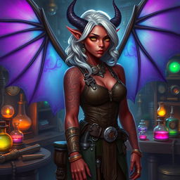 A female tiefling artificer with vibrant crimson skin, intricate golden tattoos adorning her arms