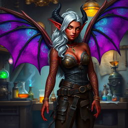 A female tiefling artificer with vibrant crimson skin, intricate golden tattoos adorning her arms
