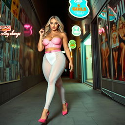 Full length photograph of a sexy, stunning, beautiful, curvy woman with soft facial features, long blond hair, and crystal green eyes