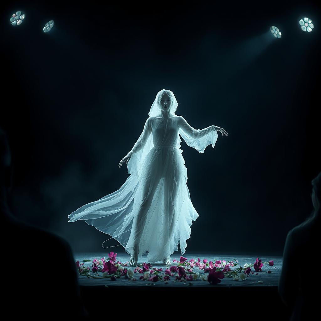 A striking and hauntingly beautiful performance scene titled 'DEAD PERFORMER'