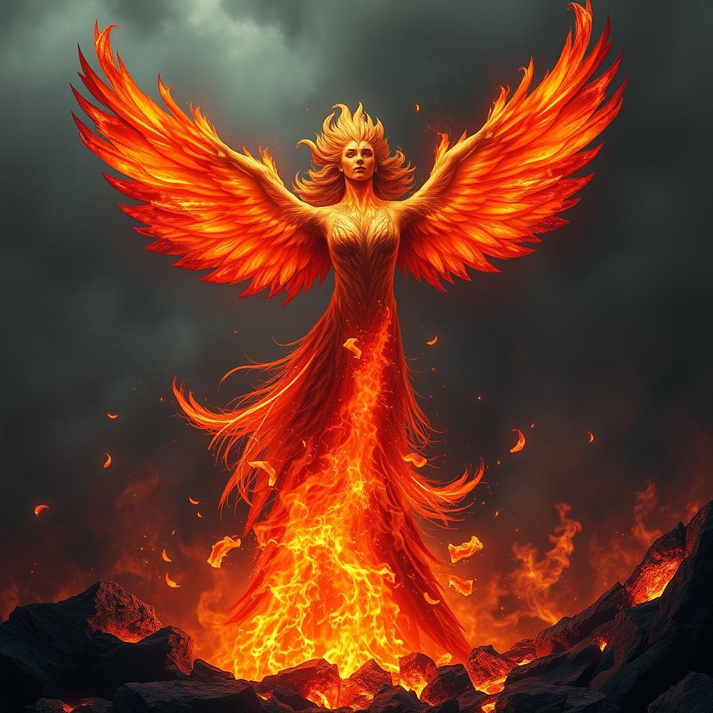 A breathtaking and dramatic scene of a phoenix rising majestically from the fiery depths of hell