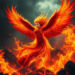 A breathtaking and dramatic scene of a phoenix rising majestically from the fiery depths of hell