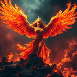 A breathtaking and dramatic scene of a phoenix rising majestically from the fiery depths of hell