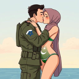 A stylized illustration depicting an Israeli soldier in military uniform, engaging in a tender kiss with a girl wearing a hijab and a bikini adorned with the Pakistani flag