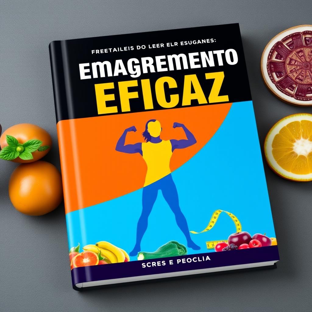 A book cover design for 'Emagrecimento Eficaz', featuring vibrant colors that convey energy and health
