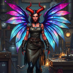 A female tiefling artificer with shimmering wings, standing confidently in a cluttered workshop filled with various tools and inventions