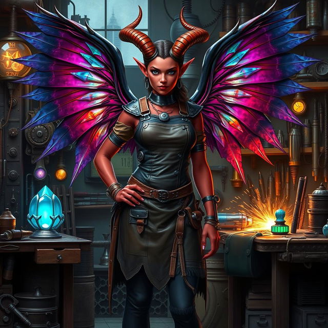 A female tiefling artificer with shimmering wings, standing confidently in a cluttered workshop filled with various tools and inventions