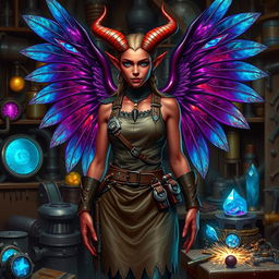 A female tiefling artificer with shimmering wings, standing confidently in a cluttered workshop filled with various tools and inventions
