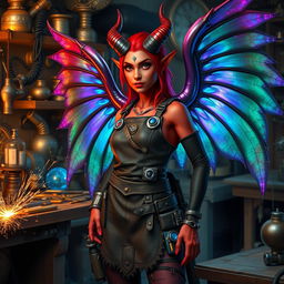 A female tiefling artificer with shimmering wings, standing confidently in a cluttered workshop filled with various tools and inventions