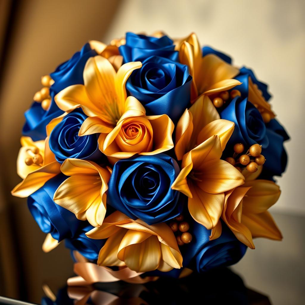 A luxurious blue and gold satin flower bouquet, elegantly arranged with assorted flowers in rich, deep hues of blue and shimmering gold