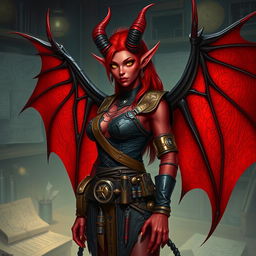 A female tiefling artificer with vibrant red skin and elegant, long, pointed horns
