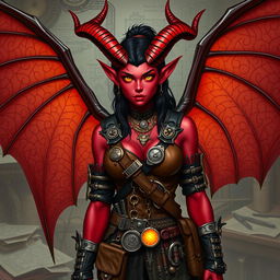 A female tiefling artificer with vibrant red skin and elegant, long, pointed horns