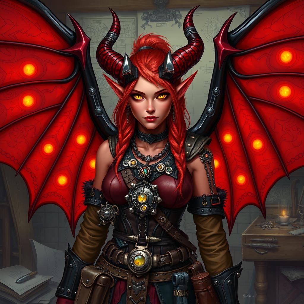 A female tiefling artificer with vibrant red skin and elegant, long, pointed horns